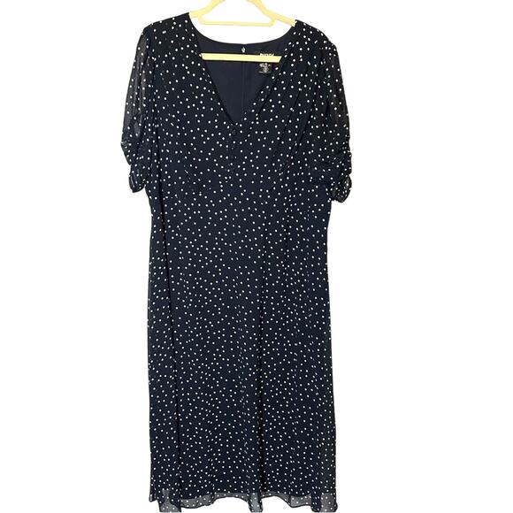 DKNY 18W Navy Blue Short Sleeve‎ Polka Dot V-neck Chiffon Midi Dress Church Work - Picture 1 of 7